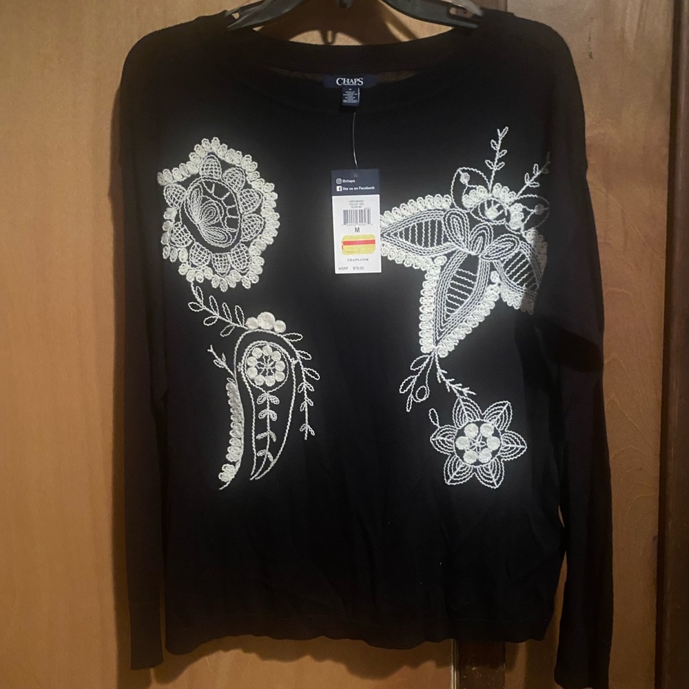 Chaps Black Lace Embroidered Women's Top